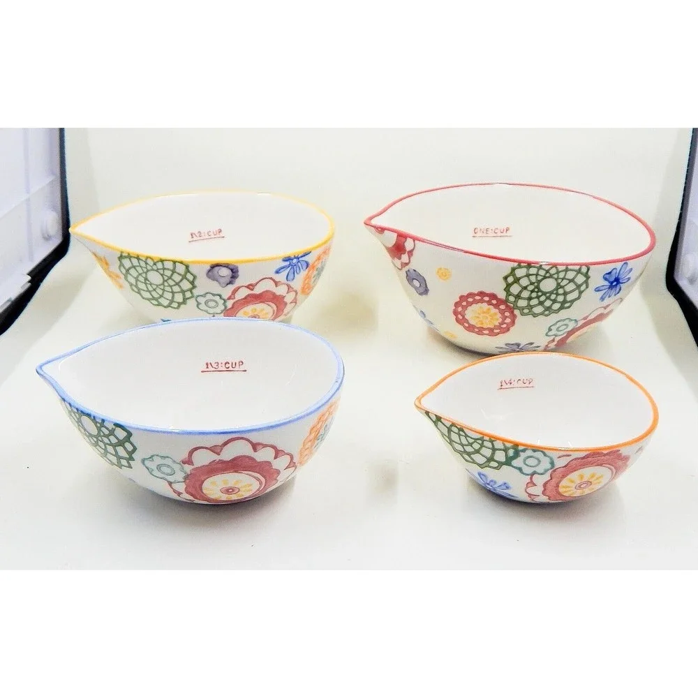 Pier 1 Imports Floral Hand Painted Stoneware Measuring Cups Set of 4